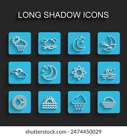 Set line Eclipse of the sun, Sunset, Cloud with rain and, Moon stars,  and  icon. Vector