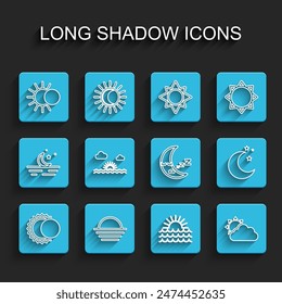 Set line Eclipse of the sun, Sunset, and cloud weather, Moon stars and icon icon. Vector