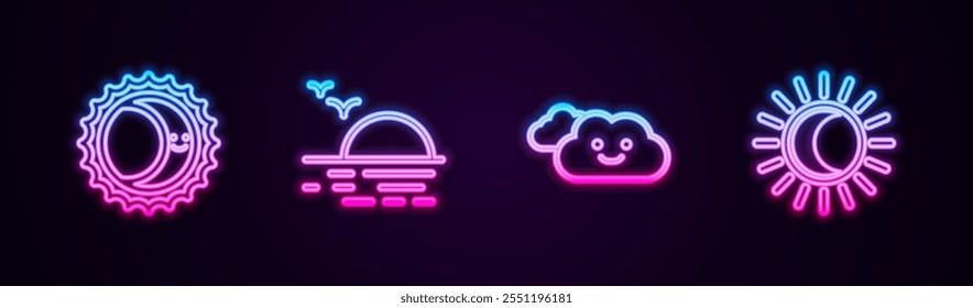 Set line Eclipse of the sun, Sunset, Cloud and . Glowing neon icon. Vector