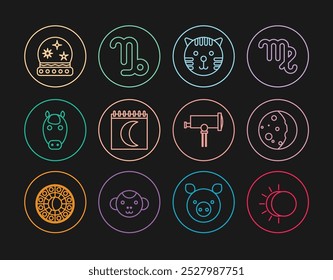 Eclipse del sol, zodiaco del tigre, calendario de fases de la luna, caballo, bola mágica, telescopio e icono de Capricornio. Vector