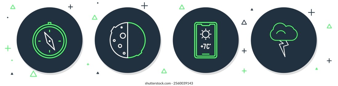 Set line Eclipse of the sun, Weather forecast, Compass and Storm icon. Vector