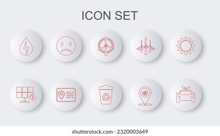Set line Eco car concept drive, Solar energy panel, Rotating wind turbine, Location shopping basket, Water, Sad smile, Address book and Recycle with recycle icon. Vector