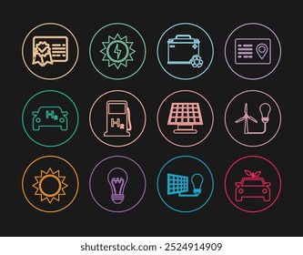 Set line Eco car concept drive, Light bulb with wind turbine, Car battery recycle, Hydrogen filling station, Certificate template, Solar energy panel and  icon. Vector