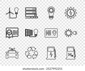 Set line Eco car concept drive, Hydrogen filling station, Solar energy panel, Recycle symbol, Light bulb with wind turbine, and light, Electric charging and Sun electric plug icon. Vector