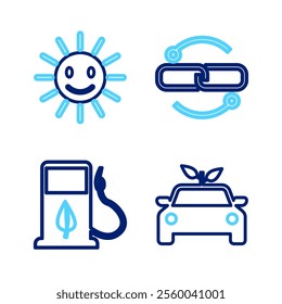 Set line Eco car concept drive, Bio fuel with fueling nozzle, Chain link line and Cute sun smile icon. Vector