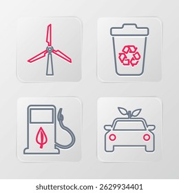 Set line Eco carro conceito drive, Bio combustível com bocal de abastecimento, Lixeira reciclável e ícone da turbina eólica. Vetor