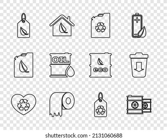Set line Eco friendly heart, Radioactive waste in barrel, fuel canister, Toilet paper roll, Tag with leaf, Oil, recycle and Send to the trash icon. Vector