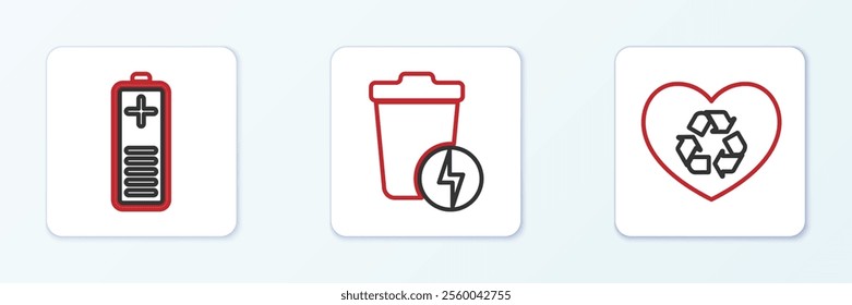 Set line Eco friendly heart, Battery charge level indicator and Lightning with trash can icon. Vector