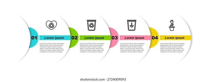 Corazón respetuoso del medio ambiente, papelera de reciclaje con reciclaje, enviar a la basura y olla de enchufe de ahorro eléctrico. Plantilla de infografía de negocios. Vector