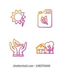 Set line Eco friendly house, Sprout in hand of environmental protection, Solar energy panel and Bio fuel canister. Gradient color icons. Vector
