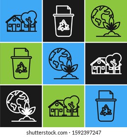 Set line Eco friendly house, Earth globe and plant and Recycle bin with recycle symbol icon. Vector