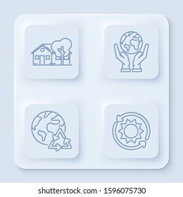 Set line Eco friendly house, Human hands holding Earth globe, Planet earth and a recycling and Solar energy panel. White square button. Vector