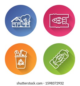 Set line Eco friendly house, Stop ocean plastic pollution, Recycle bin with recycle symbol and Stop ocean plastic pollution. Color circle button. Vector