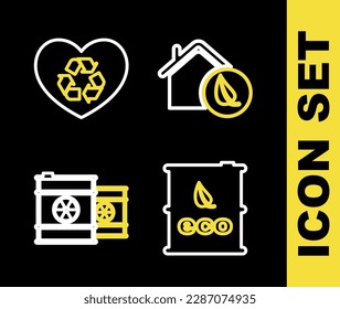 Set line Eco friendly house, Bio fuel barrel, Radioactive waste in and heart icon. Vector