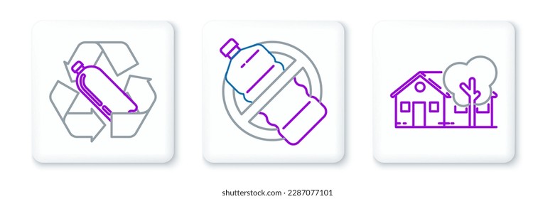 Fijar la línea Casa amigable con Eco, Reciclando botella de plástico y Sin icono. Vector