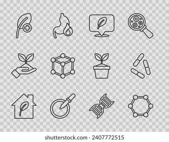 Set line Eco friendly house, Molecule, Location with leaf, Petri dish pipette, Leaf or leaves, DNA symbol and Virus icon. Vector