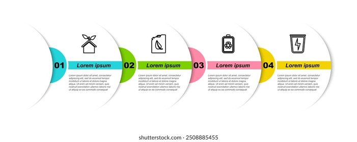 Set line Eco friendly house, Bio fuel canister, Battery with recycle and Lightning trash. Business infographic template. Vector