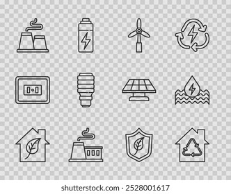 Set line Eco friendly house, House with recycling, Wind turbine, Factory, LED light bulb, Shield leaf and Water energy icon. Vector