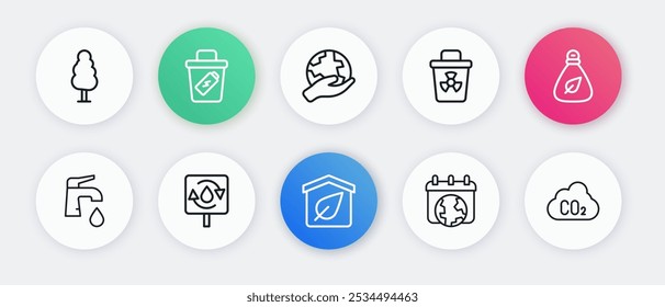 Set line Eco friendly house, Garbage bag, Water tap, World Earth day, Infectious waste, Hand holding globe, CO2 emissions cloud and Recycle clean aqua icon. Vector