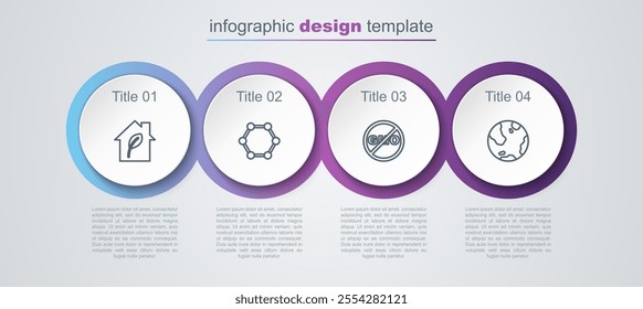 Set line Eco friendly house, Molecule, No GMO and Earth globe. Business infographic template. Vector