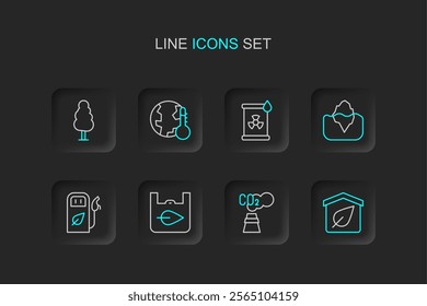 Set line Eco friendly house, CO2 emissions in cloud, Shopping bag with recycle, Petrol or gas station, Iceberg, Radioactive waste barrel, Earth melting to global warming and Tree icon. Vector