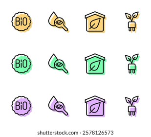 Set line Eco friendly house, Banner for bio, Drop and magnifying glass and Electric saving plug leaf icon. Vector