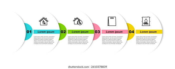 Set line Eco friendly house, , Shopping bag and Oil barrel. Business infographic template. Vector