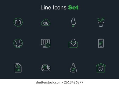 Set line Eco friendly house, Garbage bag, truck, Bio fuel canister, Mobile phone with leaf, Iceberg, Solar energy panel and Earth globe icon. Vector
