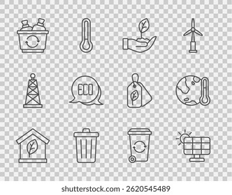 Set line Eco friendly house, Solar energy panel, Plant in hand, Trash can, Recycle bin, Leaf symbol,  and Earth melting to global warming icon. Vector