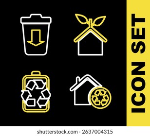 Set line Eco friendly house, House with recycling, Battery recycle and Send to the trash icon. Vector