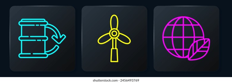 Set line Eco fuel barrel, Earth globe and leaf and Wind turbine. Black square button. Vector