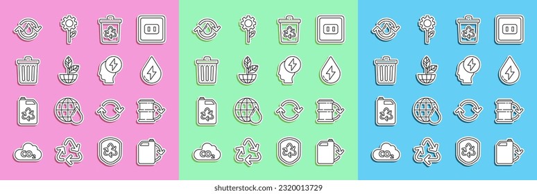 Set line Eco fuel canister, barrel, Water energy, Recycle bin with recycle, Earth globe and plant, Trash, clean aqua and Head electric symbol icon. Vector