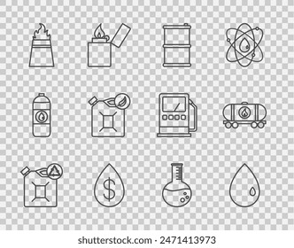 Set Line Eco Kraftstoffkanister, Öltropfen, Barrel Öl, mit Dollar, Bohrinsel Feuer, Bio, Benzin-Reagenzglas und Eisenbahn-Zisterne-Symbol. Vektorgrafik