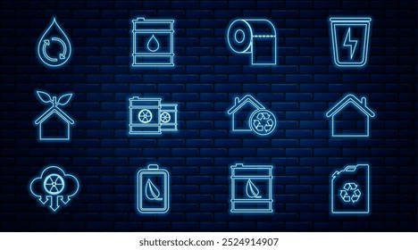 Set line Eco combustível lata, Casa, rolo de papel higiênico, Resíduos radioativos em barril, casa amigável, Água limpa Reciclável, com reciclagem e ícone de óleo. Vetor