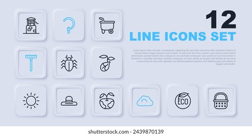 Set line Eco healthy food, Wicker basket, Colorado beetle, Cloudy weather, Garden rake, Farmer worker hat, Sickle and Apple icon. Vector