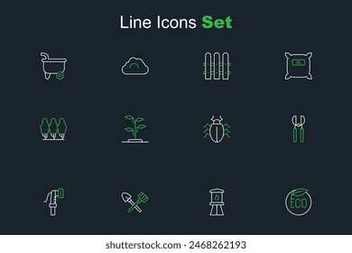 Set line Eco healthy food, Water tower, Shovel and rake, Garden hose, Gardening scissors, Colorado beetle, Sprout and Fruit trees icon. Vector