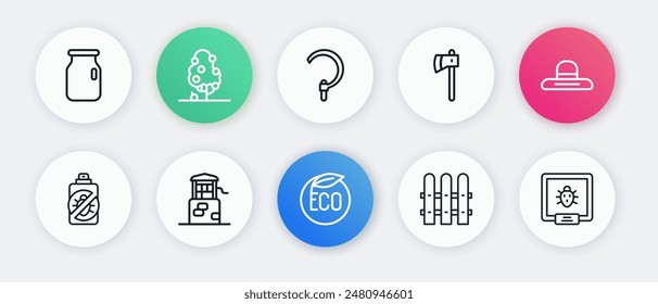 Set line Eco healthy food, Farmer worker hat, Spray against insects, Garden fence wooden, Wooden axe, Sickle, Colorado beetle and Well icon. Vector