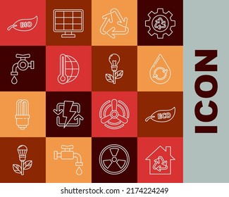 Set line Eco House with recycling symbol, Leaf, Recycle clean aqua, Meteorology thermometer measuring, Water tap, Bio and Light bulb leaf icon. Vector