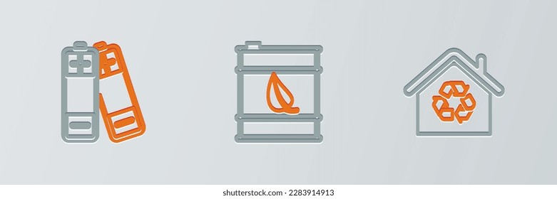 Set line Eco House with recycling, Battery and Bio fuel barrel icon. Vector