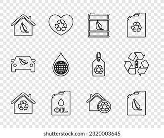 Set line Eco House with recycling, Bio fuel canister, barrel, Canister machine oil, friendly house, Earth planet water drop,  and Battery recycle icon. Vector