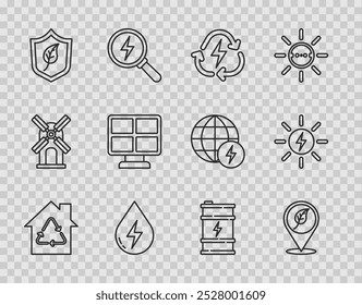 Set line Eco House with recycling, Location leaf, Battery recycle, Water energy, Shield, Solar panel, Bio fuel barrel and  icon. Vector