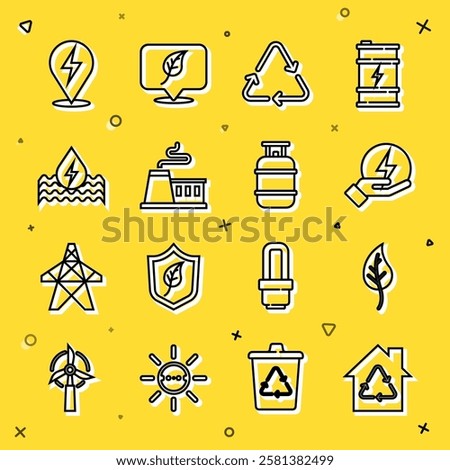 Set line Eco House with recycling, Leaf or leaves, Lightning bolt, Recycle symbol, Factory, Water energy,  and Propane gas tank icon. Vector