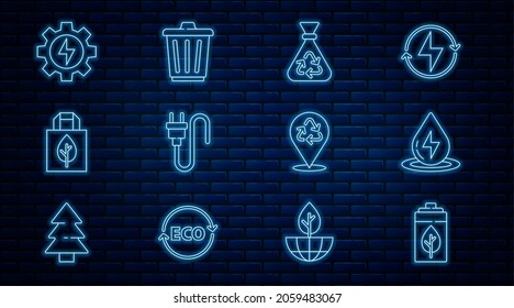 Set line Eco nature leaf and battery, Water energy, Garbage bag with recycle, Electric plug, Shopping, Gear lightning, Recycle and Trash can icon. Vector