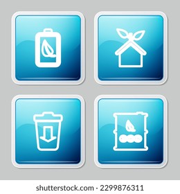 Set line Eco nature leaf and battery, friendly house, Send to the trash and Bio fuel barrel icon. Vector