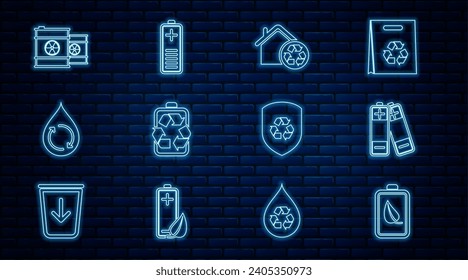 Set line Eco nature leaf and battery, Battery, House with recycling, recycle, Recycle clean aqua, Radioactive waste barrel, inside shield and charge level indicator icon. Vector