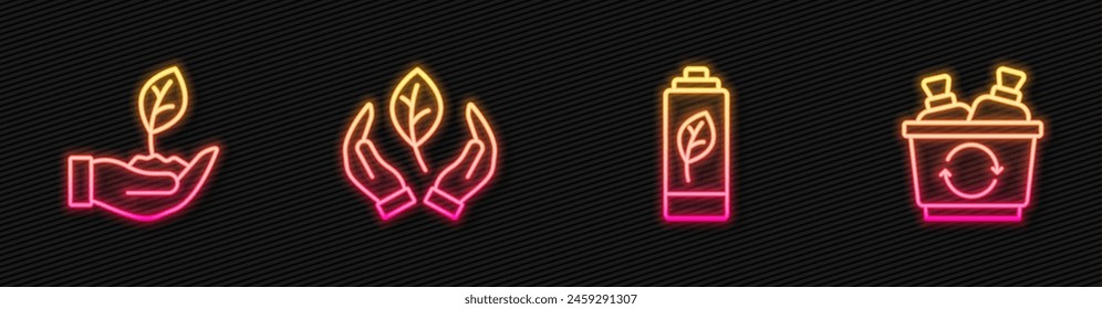 Set line Eco Nature Leaf Batterie, Pflanze in der Hand, Blatt und Papierkorb. Leuchtendes Neon-Symbol. Vektorgrafik