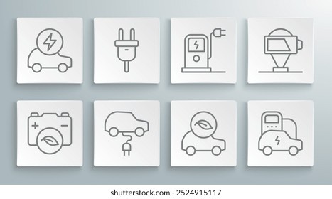 Set line Eco nature leaf battery, Electric plug, car, charging station, Battery charge and  icon. Vector