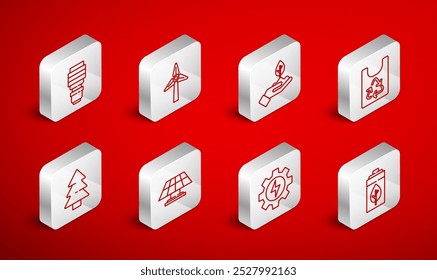 Set line Eco nature leaf and battery, Wind turbine, Plant hand, Plastic bag with recycle, Gear lightning, LED bulb, Solar energy panel and Christmas tree icon. Vector