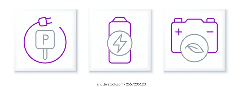 Set line Eco nature leaf battery, Charging parking electric car and Battery charge icon. Vector