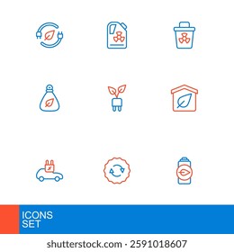 Set line Eco nature leaf battery, Recycle symbol, Electric car, friendly house, Garbage bag, saving plug in, Infectious waste and Radioactive barrel icon. Vector